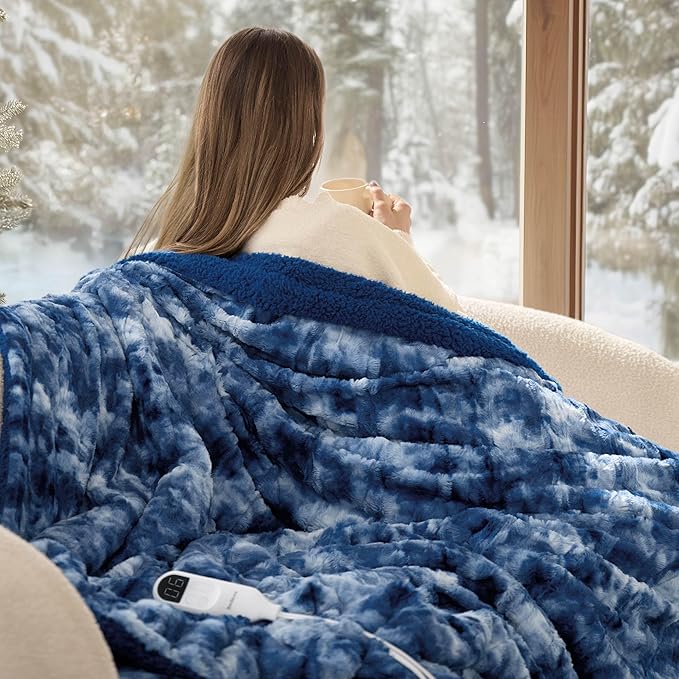 Bedsure Faux Fur Heated Blanket Throw Blanket, Fast Heating Electric Blanket with 6 Heating Levels & 4 Time Settings, Cozy Gifts for Women Men (50x60 inches, Denim Blue)