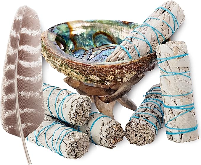 6 White Sage Smudge Kit with Feather + Abalone Shell + Stand + Instructions for Use | Spiritual Use Smoke Cleanse Ceremony Sage Bundle Smudging Kit (6 Sage Smudge Kit)