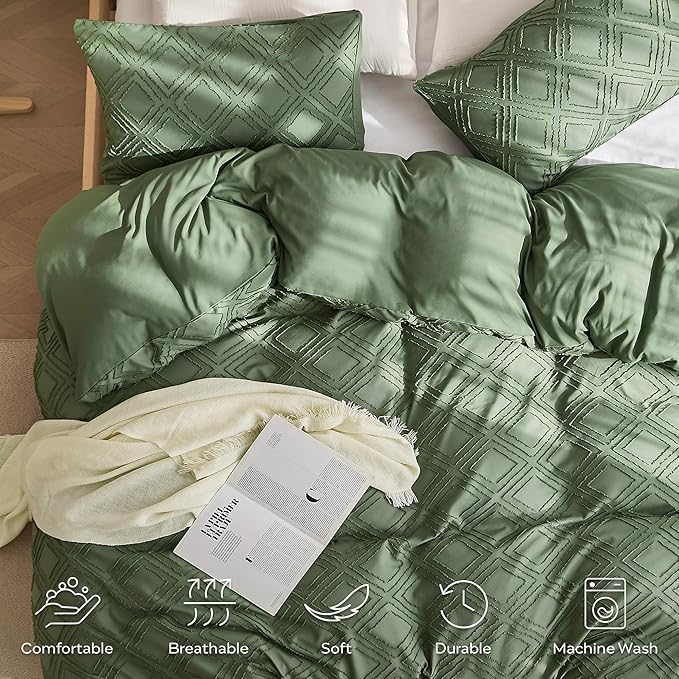 JELLYMONI Duvet Cover Twin Size Green - 3PCS Boho Duvet Cover Set Plaid Polyester Tufted Bohemian Jacquard Knit Textured Comforter Cover 68×90in Rhombic Geometric Pattern Corner Ties & Zipper