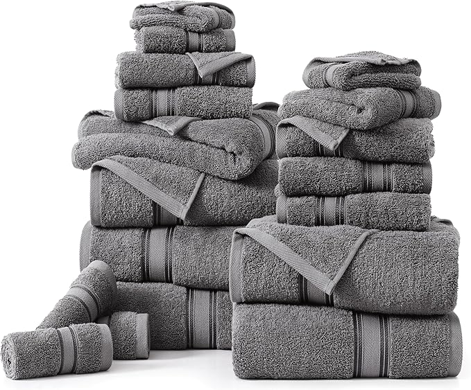 LANE LINEN 100% Mercerized Cotton Bath Towels Set of 18 – Zero Twist, 6 Bath, 6 Hand Towel & 6 Washcloths, Soft, Ideal for Spa Hotel & Home, Gentle on Body, Durable After Multiple Washes – Cool Grey