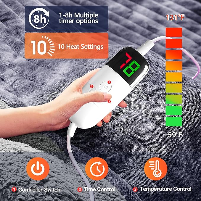 greenoak Heated Electric Blanket Throw, Faux Fur Sherpa Heating Blanket for Sofa Bed, Warm Winter Gift for Dad/Grandma, Heater Lap Blankets 5-Position Timer &10 Heating Levels 50''*60" Marble Grey