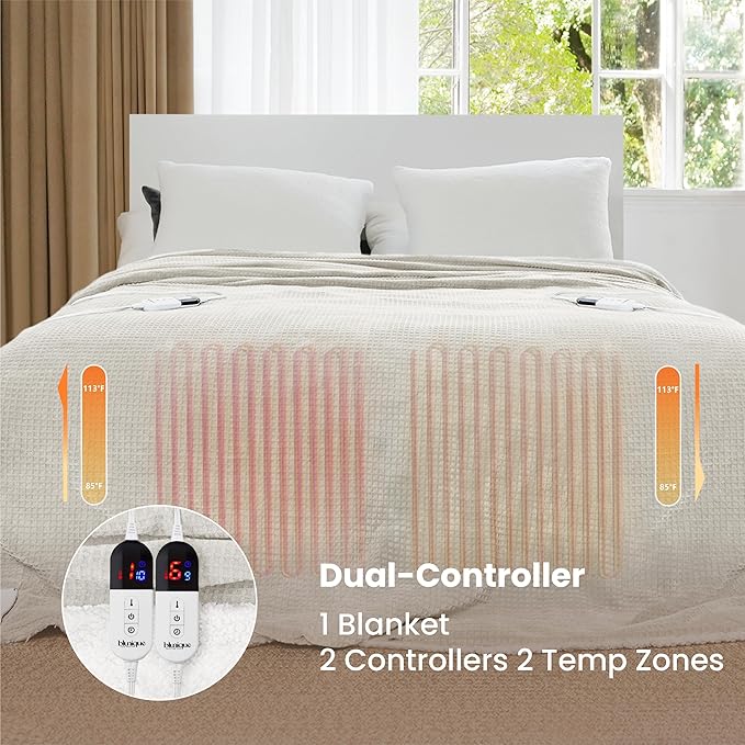 Electric Blanket King Waffle, 90x100 Inches, Dual Controllers, Sherpa Fleece, 6 Heating Levels, 10 Hours Auto Off, ETL Certified, Beige King