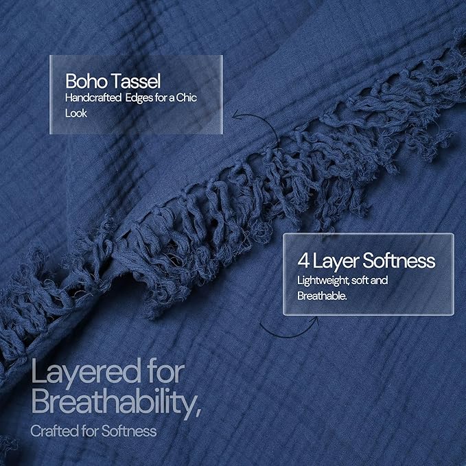 Salt Earth 100% Cotton Muslin Throw Blanket, Gauze Blanket 50"X60" Throw with Tassel 4 Layered for Couch, Bed, Living Room, Home,Lightweight & All Season Blankets & Throws, Skin Friendly(Navy Blue)