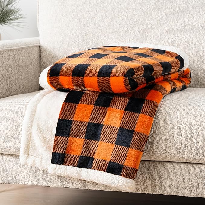 PAVILIA Black Orange Buffalo Plaid Sherpa Throw Blanket for Couch, Plush Halloween Checkered Fleece Blanket and Throws, Soft Fuzzy Flannel Blanket for Sofa Bed, Warm Cozy Winter Blanket Gift, 50x60