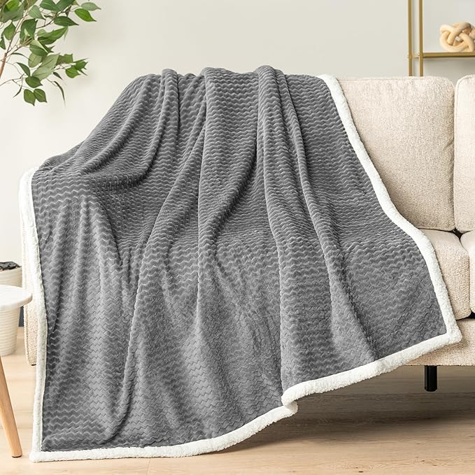 PAVILIA Dark Gray Twin Bed Blanket Reversible Sherpa Chevron, Soft Cozy Jacquard Weave Textured Throw Sofa Couch, Thick Warm Large Fleece Car Blanket, Decorative Plush Home Decor Gift, 60x80 Dark Grey