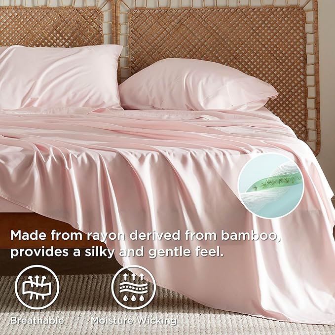 Bedsure Full Size Bed Sheets, Cooling Sheets, Rayon Derived from Bamboo, Breathable & Soft, Deep Pocket Up to 16 Inches, Hotel Luxury Silky Bedding for Hot Sleepers, Pink