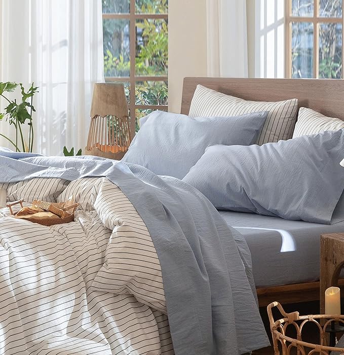 MooMee Bedding Sheet Set 100% Washed Cotton Linen Like Textured Breathable Durable Soft Comfy (Heathered Cornflower Blue, King)