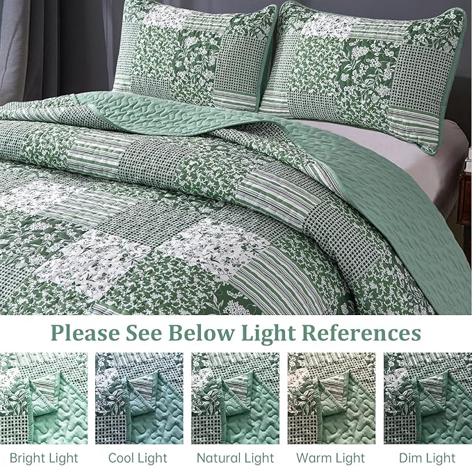 Mybedsoul Green Boho Queen Quilt Set, 3-Piece Reversible Soft Plaid Floral Bedding Set with 2 Pillow Shams - Sage Green Queen Size Quilt Bedspread Coverlet Set 90” x 96”