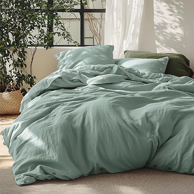 Bedsure Linen Duvet Cover King Size - Linen Cotton Blend Bedding Set, Soft & Cozy, 3 Pieces, 1 Duvet Cover 104x90 and 2 Pillowcases, Sage Green Color Cooling Bedding, Comforter Sold Separately
