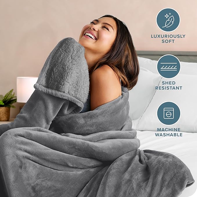 Bare Home Sherpa Fleece Blanket - Full/Queen Size - Blanket for Bed, Sofa, and Couch - Warm & Lightweight - Fluffy & Soft - Reversible (Full/Queen, Grey with Grey Sherpa)
