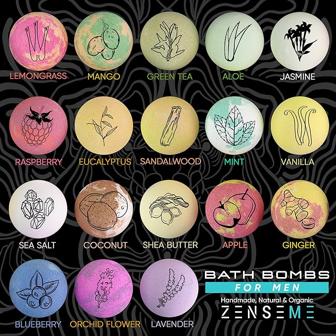 Bath Bombs for Men, Gift Set of 18 Scented Organic Handmade Bath Bombs of 2.5 oz with Natural Essential Oils. Perfect for Boyfriend, Husband, Father or Friend, by ZenseMe