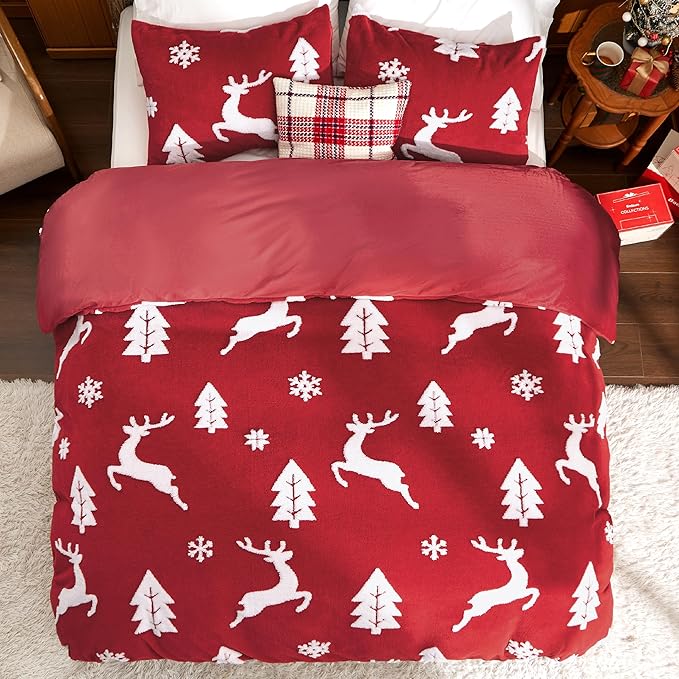 Bedsure Fluffy Christmas Duvet Cover Set - Ultra Soft Plush Shaggy Comforter Cover Twin Size, Warm Flannel Fleece Bed Sets for Winter, 2 Pieces, Reindeer Pattern, Red