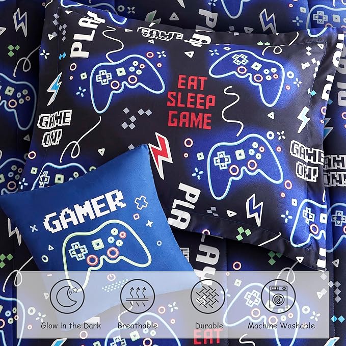 Twin Comforter Set for Boys-3 Pieces Gamer Glow in The Dark Twin Bedding Sets for Kids,1 Comforter,1 Sham and 1 Decor Pillow