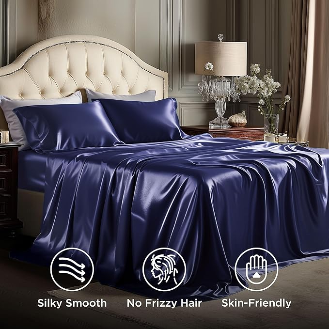 Bedsure Satin Sheets Queen Size - 4 Piece Silky Bedsheets with 15 Inches Deep Pocket Fitted Bedsheet,1 Flat Sheet, 2 Satin Pillowcases, Good for Hair & Skin (Queen, Navy)