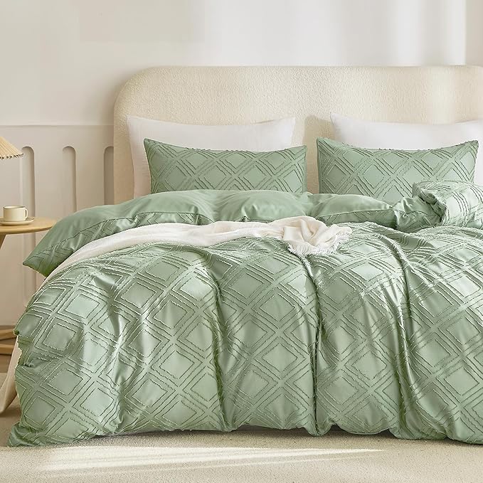 JELLYMONI Duvet Cover Queen Size Light Green - 3PCS Boho Duvet Cover Set Plaid Polyester Tufted Bohemian Jacquard Knit Textured Comforter Cover 90×90in Rhombic Geometric Pattern Zipper Corner Tie