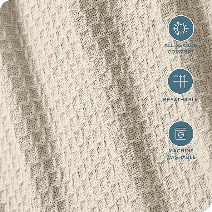 Bare Home Oyster Waffle Blanket, Extra Long 66Wx90L, 100% Cotton, Soft & Breathable Throw for All Seasons, Lightweight Blanket, Perfect for Layering Bed, Sofa & Couch (Twin/Twin XL, Oyster)