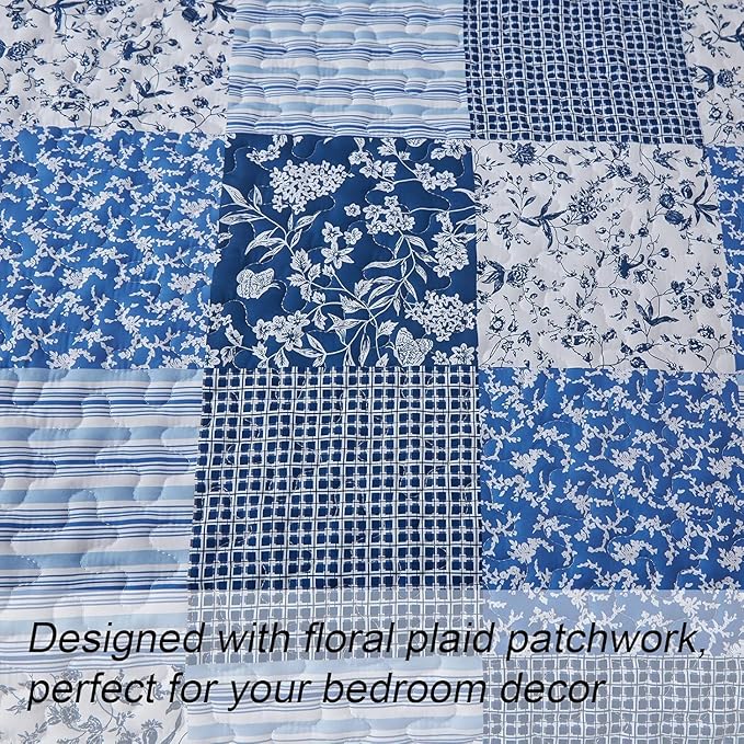 Mybedsoul Blue Quilt Set Twin Size, 2 Pieces Plaid Floral Bedspread Set Patchwork Reversible Bedding Set Microfiber Lightweight Bedspread Coverlet Set for All Season 68"x86"