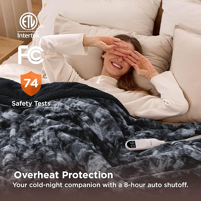 Bedsure Faux Fur Heated Blanket Full Size, Fast Heating Electric Blanket Full Size with 6 Heating Levels & 10 Time Settings, Cozy Gifts for Women Men (72x84 inches, Black)