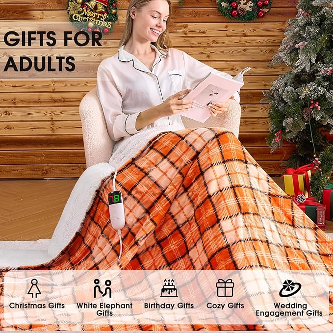 OCTROT Heated Electric Blanket Queen Size, 84X90 Heating Blanket Queen with Dual Control&10 Heats Levels&Timer for Bed,Orange Plaid Sherpa Blankets Warmer Gift for Grandma Women Halloween Home Decor