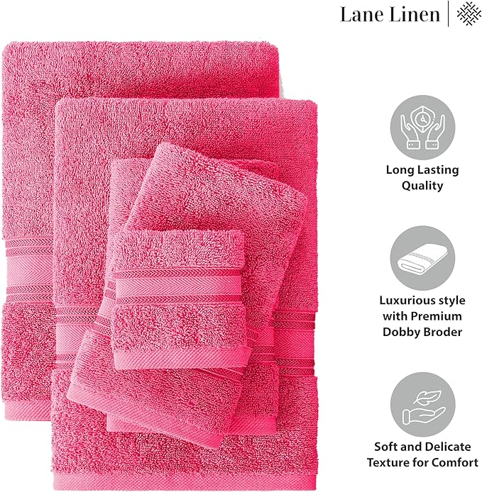 LANE LINEN 12 Pc Bath Towels Set – Ultra Soft 100% Mercerized Cotton, 4 Bath, 4 Hand Towel & 4 Wash Cloth, Zero Twist, Quick-Dry, Long-Lasting Comfort & Hotel Quality, Machine Washable – Fuchsia