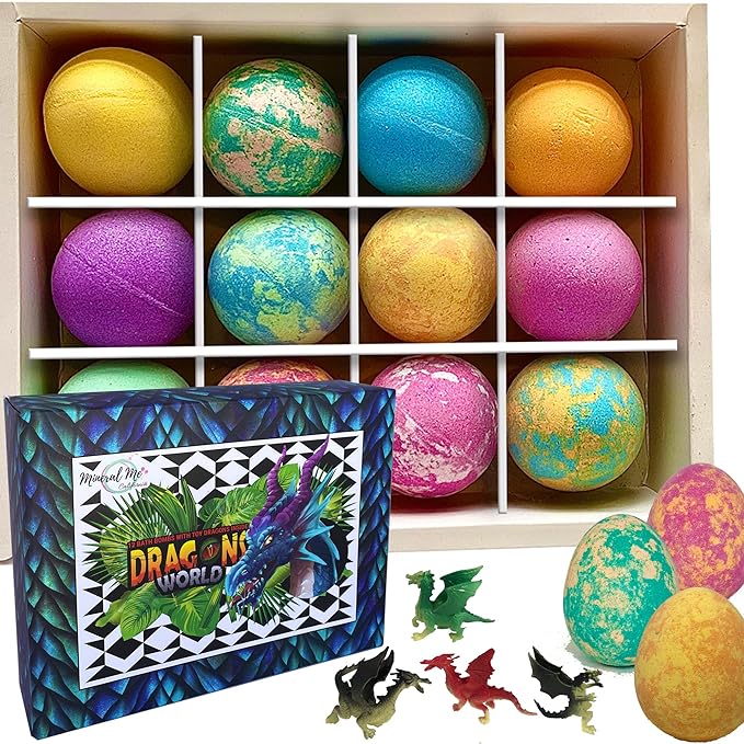 Bath Bombs for Kids with Surprise Inside - 12 Organic Bubble Bath Fizzies with Dragon Egg Toys. Gentle & Kids Friendly w/Rich Bubbles & Rainbow Colors, Stocking Stuffer Christmas Gifts for Boy, Girls
