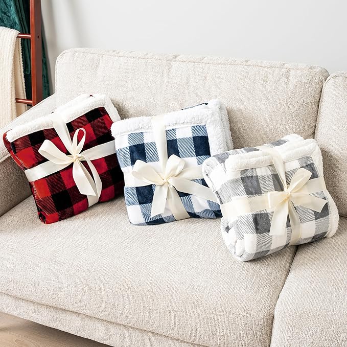 PAVILIA Black and Red Buffalo Plaid Sherpa Throw Blanket for Couch, Plush Red Black Checkered Fleece Blanket and Throws, Soft Fuzzy Flannel Blanket for Sofa Bed, Warm Cozy Winter Blanket Gift, 50x60