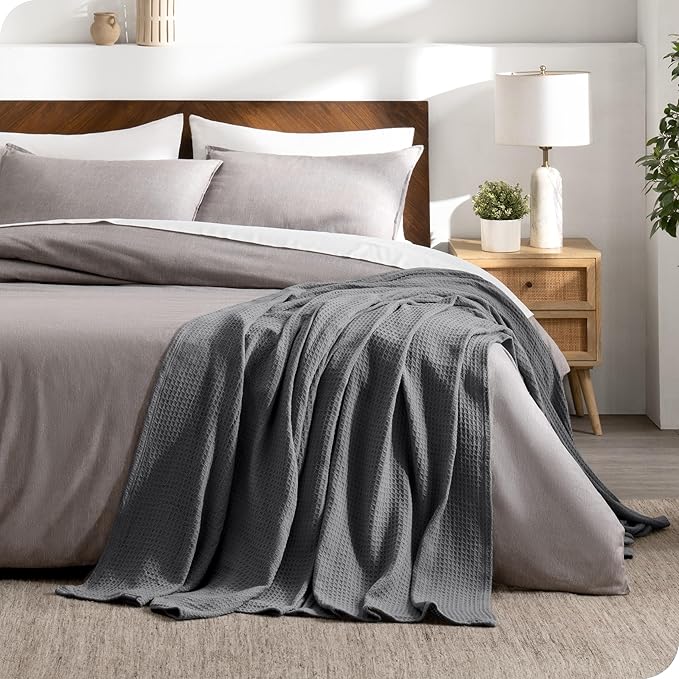 Bare Home Grey Waffle Blanket, Throw Size 44Wx66L, 100% Cotton, Soft & Breathable for All Seasons, Lightweight, Perfect for Layering Bed, Sofa & Couch (Throw/Travel, Grey)