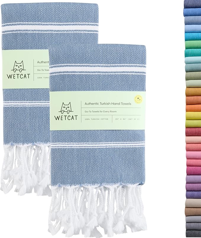 WETCAT Turkish Hand Towels with Hanging Loop, Set of 2 (20" x 30") 100% Turkish Cotton, Pre-Washed, Quick Drying, for Kitchen or Bathroom - Denim Blue