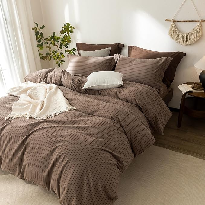 Stripe Duvet Cover Queen Size 90inch x 90inch,100% Washed Cotton Pinstripe Duvet Cover with Zipper Closure and 2 Pillowcases, Color of Light Brown-Black Stripe
