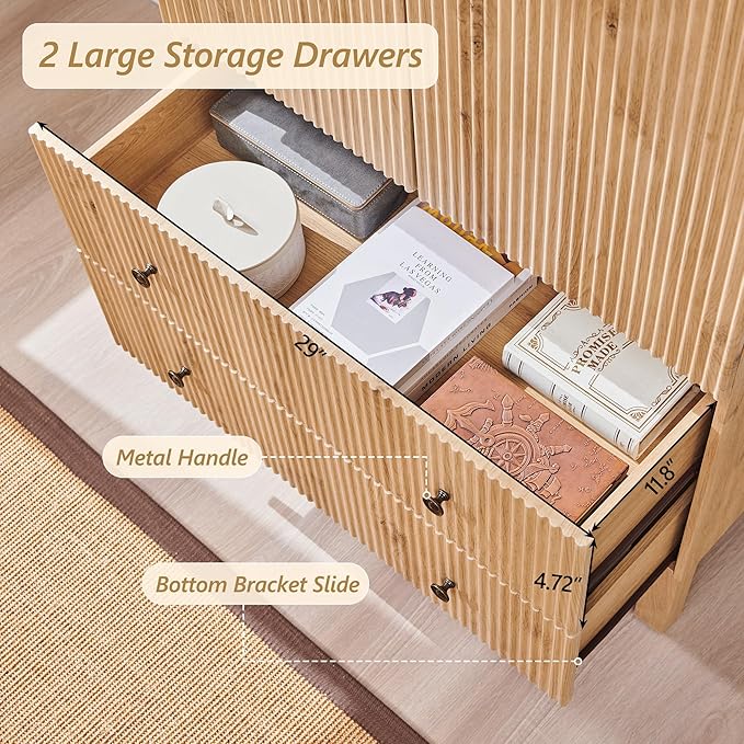 71" Tall Arched Bathroom Storage Cabinet, Modern Fluted Cabinet Storage with 4 Shlves and 2 Drawers, Floor Cabinet for Bathroom, Living Room, Kitchen, Natural