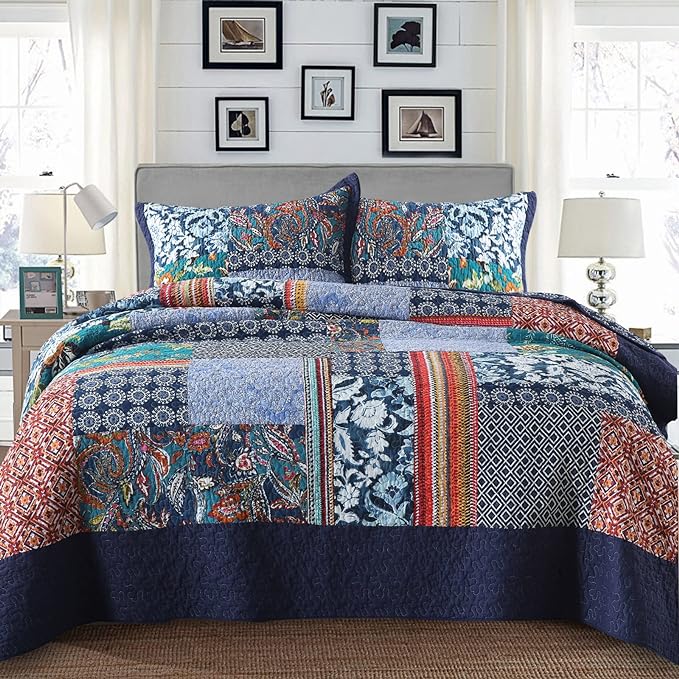 Yvooxny California King Quilt Set Reversible Lightweight Bohemian Paisley Patchwork Cotton Quilted Bedspread Coverlet Set 3-Piece Quilt Set with Pillowcases for All Seasons, 118 x 110 Inches