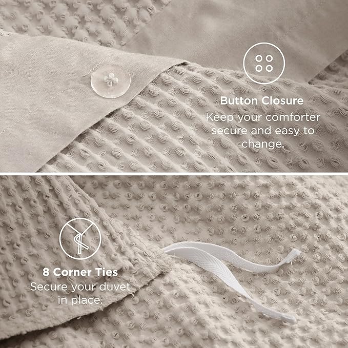 Bedsure 100% Cotton Duvet Cover King Size with Fitted Sheet - 4 Pieces Linen Color Waffle Weave Bedding Set, GentleSoft™ and Breathable, Includes 1 Duvet Cover 104x90, 1 Fitted Sheet, 2 Pillow Shams