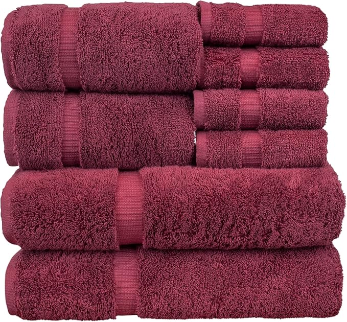 BC BARE COTTON Luxury Hotel & Spa Quality, Highly Absorbent 100% Turkish Cotton, 750+ GSM, Eco Friendly Towel, Bathroom and Kitchen Dobby Border Towels(8 Piece, Cranberry)