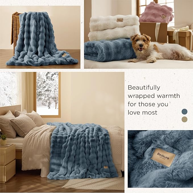 Bedsure GentleSoft Fluffy Faux Fur Blanket Twin Size, Fuzzy Soft Bubble Blanket for Couch, Home Decor Gifts for Bedroom Living Room, Thick Furry Cozy Gifts for Women, Greyish Blue, 60x80 Inch