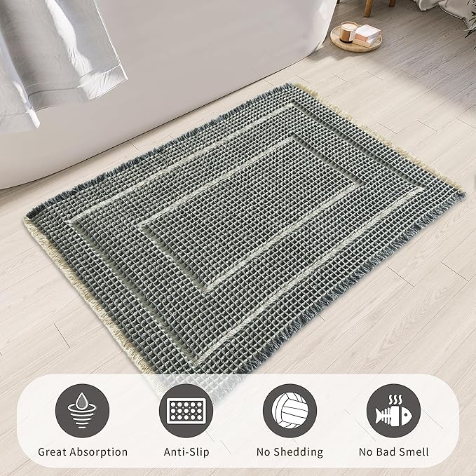 Bath Mats,Upgraded Waffle Super Absorbent Bath Mat,Bathroom Rugs Non Slip Washable, Quick Dry Shower Mats, Ultra Soft Bath Mats for Bath Floor,Bluish Grey & Yellow,24"*36"