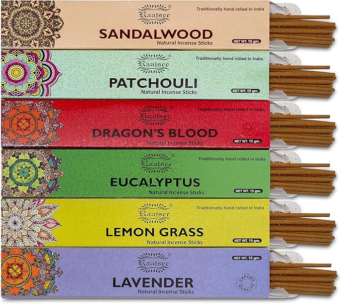 Raajsee Natural Incense Sticks,6 Pack Mixed Scents Gift Pack 15 gm Each (90 gm Total), Insense Sticks Variety Pack, 100% Organic Non Toxic Natural - Hand Rolled Free from Chemicals