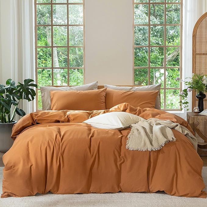 MooMee Bedding Duvet Cover Set 100% Washed Cotton Linen Like Textured Breathable Durable Soft Comfy (Solid Burnt Orange, Twin 68"x90")