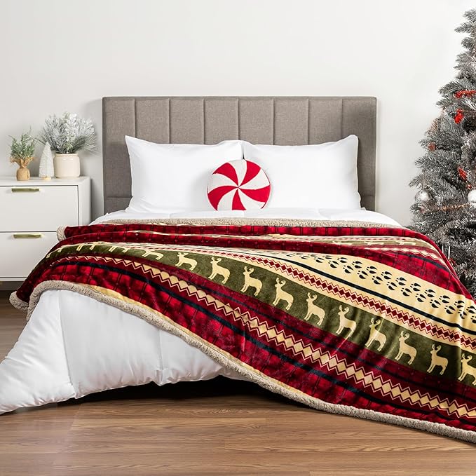 PAVILIA Premium Christmas Blanket Sherpa Fleece Throw Twin| Plush Christmas Decoration, Reindeer, Cozy Reversible Winter Holiday Cabin Blanket for Sofa Couch 60x80