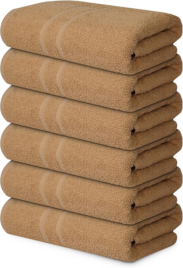 Basic Medium Bath Towels 24x48 Inches – Pack of 6 – Beige Color – Soft and Absorbent Multipurpose Cotton Towels for Bathroom, Spa, Gym, Salon, Hotel, Clinics and Everyday Use