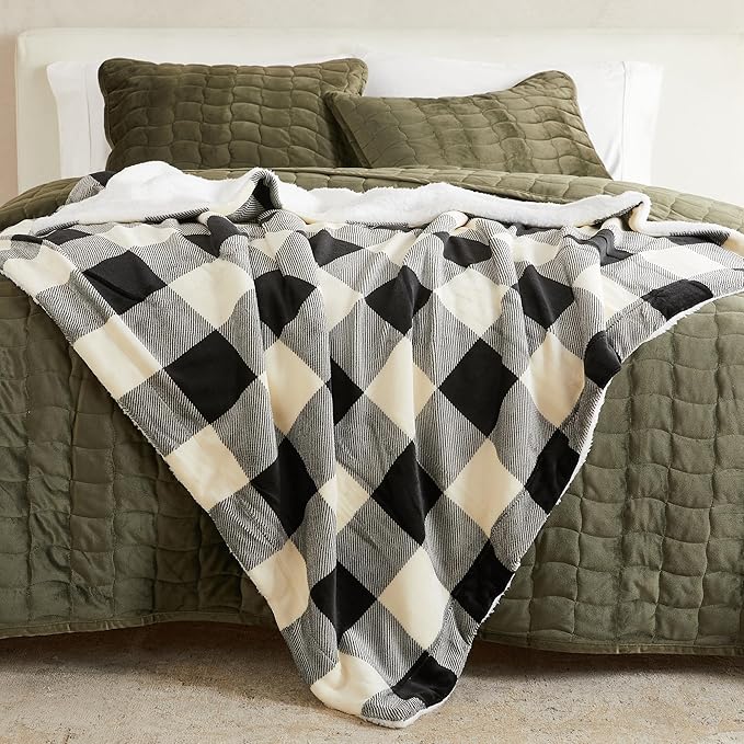 Fleece/Sherpa Throw Blanket - Super Soft Printed Blanket for Couch, Chair, or Bed - Cozy, Luxurious Plush Throw Blanket - Throw 50" x 60", Black/White Buff Check