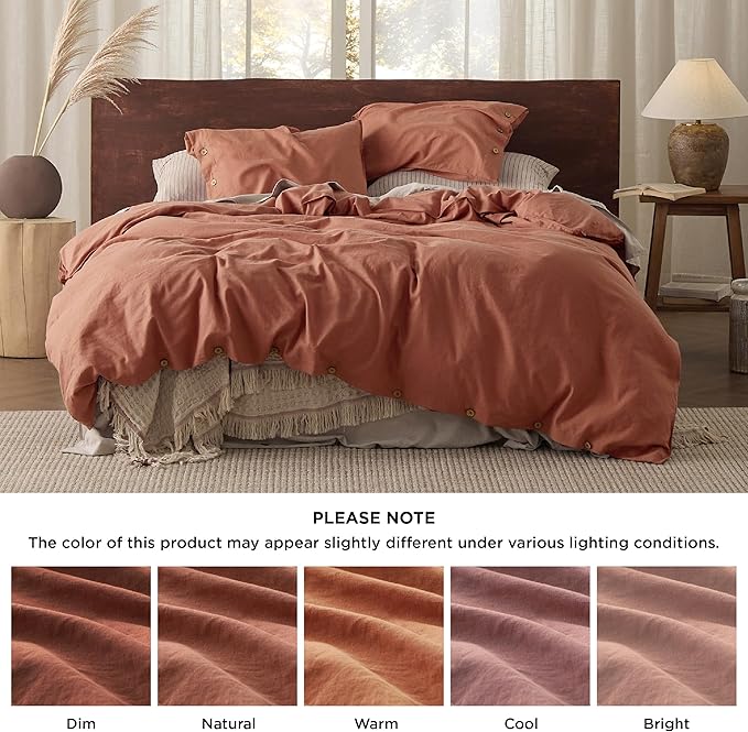Bedsure Linen Duvet Cover King - Linen Cotton Blend Bedding Set, Soft & Cozy, 3 Pieces, 1 Duvet Cover 104x90 Inches and 2 Pillowcases, Burnt Orange Color Cooling Bedding, Comforter Sold Separately