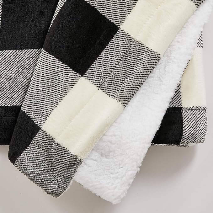 Fleece/Sherpa Throw Blanket - Super Soft Printed Blanket for Couch, Chair, or Bed - Cozy, Luxurious Plush Throw Blanket - Throw 50" x 60", Black/White Buff Check