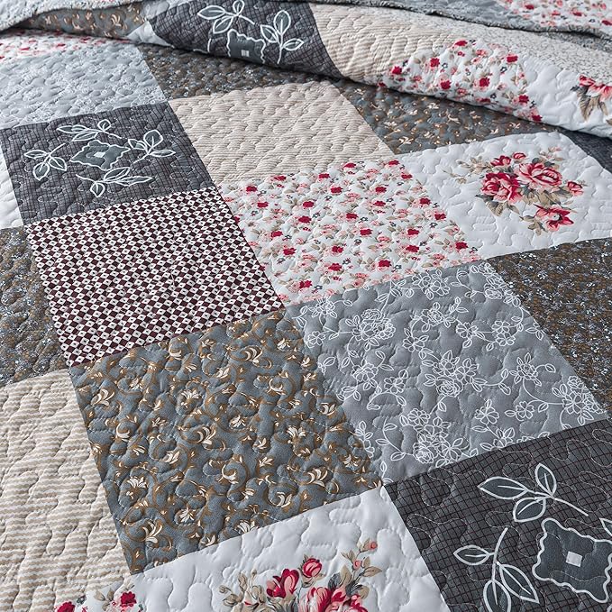 HoneiLife King Quilt Bedding Set - 3 Pieces Microfiber Quilt Sets Lightweight Bedspreads Reversible Coverlets Retro Bed Cover Quilt King Size All Season Quilts-Grey