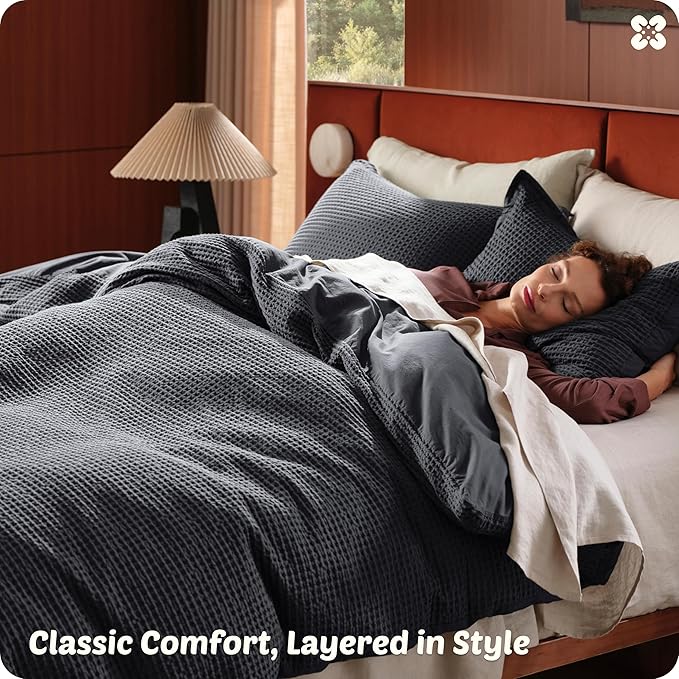 Bedsure Cotton Duvet Cover Set - 100% Cotton Waffle Weave Charcoal Duvet Cover California King Size, GentleSoft™ and Breathable Cal King Bedding Set for All Season, 3 Pieces, 104"x98"