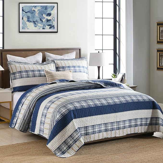 Homzard California King Size Comforter Set,100% Cotton Oversized Plaid Striped California Quilt Set, Blue White Tan Bedding Sets (118 * 106 Inch) with 2 Pillow Shams, Farmhouse Reversible Bedspread