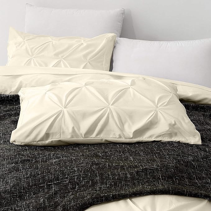 Pinch Pleated Duvet Cover Set 100% Cotton 3PC Super King Plus Size 120x120 Duvet Cover Set, Decorative Pinch Design Ivory Duvet Cover with Matching Pillow Case