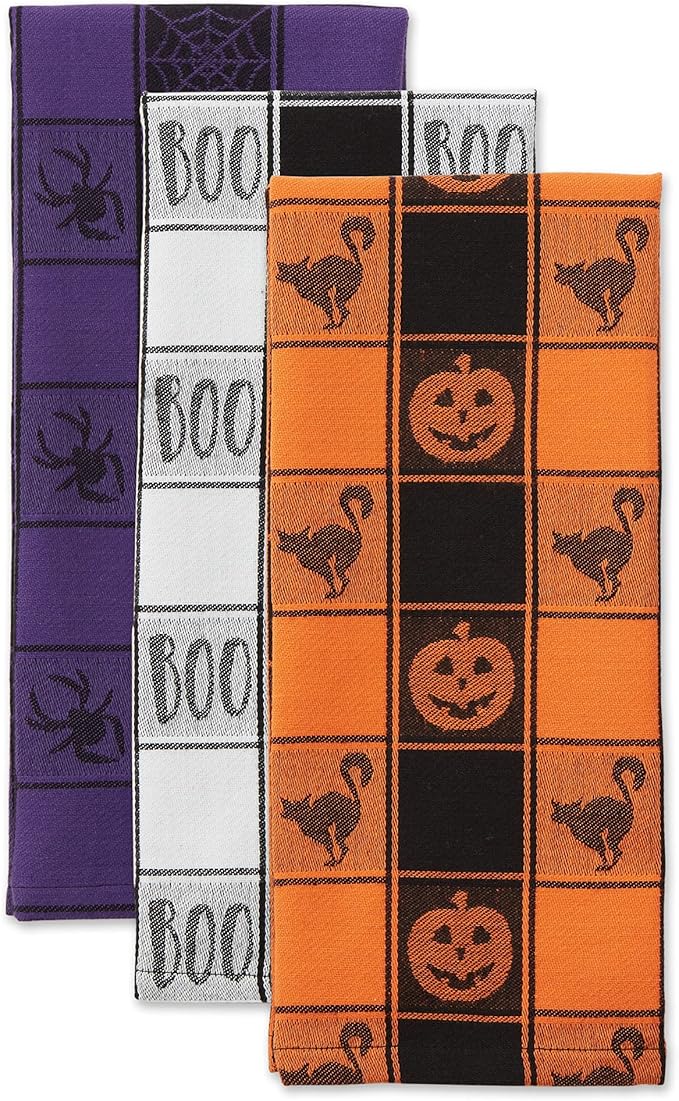 DII Halloween Collection Embellished Dishtowel Set, 18x28, Woven Check 3 Piece