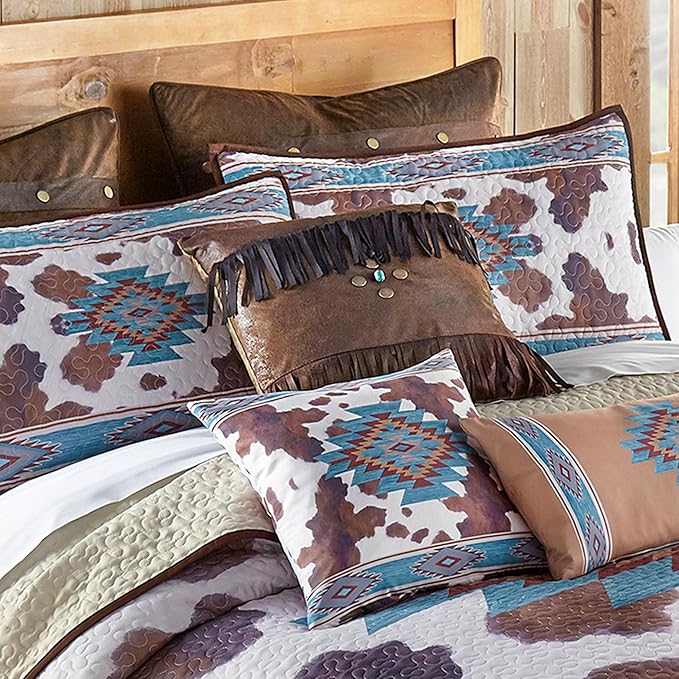 BLACK FOREST DECOR Aztec Cowhide Twin Quilt Set - Lightweight, Southwest Style Bedding with Cowhide and Geometric Patterns, Includes Quilt and Sham, Machine Washable