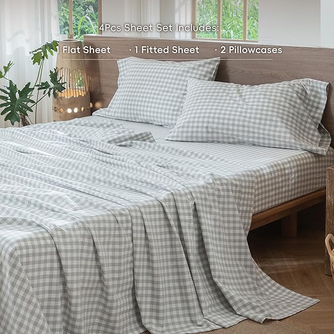 MooMee Gingham Sheet Set 100% Washed Cotton Linen Like Textured Breathable Soft w/Fully Elasticized 16-19" Deep Pocket (Classic Gingham Northern Droplet Grey, King)