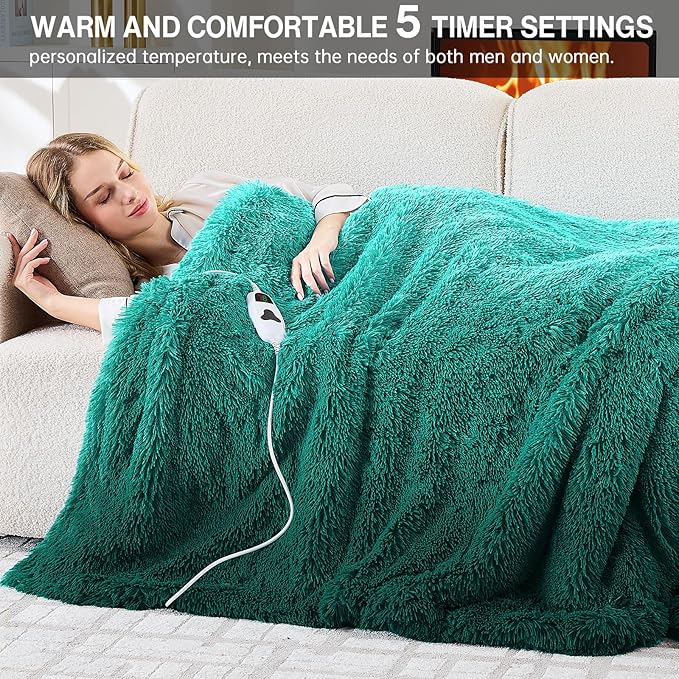 Heated Electric Blanket Throw–Faux Fur with Soft Thick Sherpa,Warm Winter Birthday Gifts for Women Grandma10 Heat Settings,5 Time Settings with Fast Heating, 50x60, Forest Mist